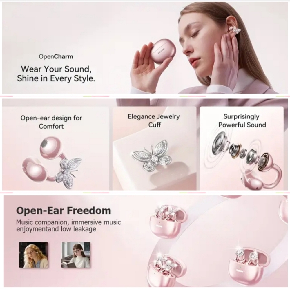 Kinglucky Clip-On Earbuds, Open-Ear Wireless Earbuds, (Jingle Bow) Black & Pink - Picture 10 of 16